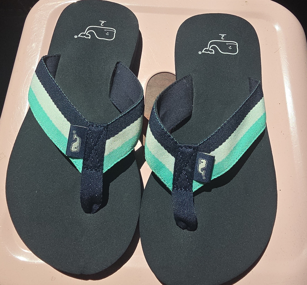 Vineyard Vines Navy Flip Flops with Mint and Green Stripes